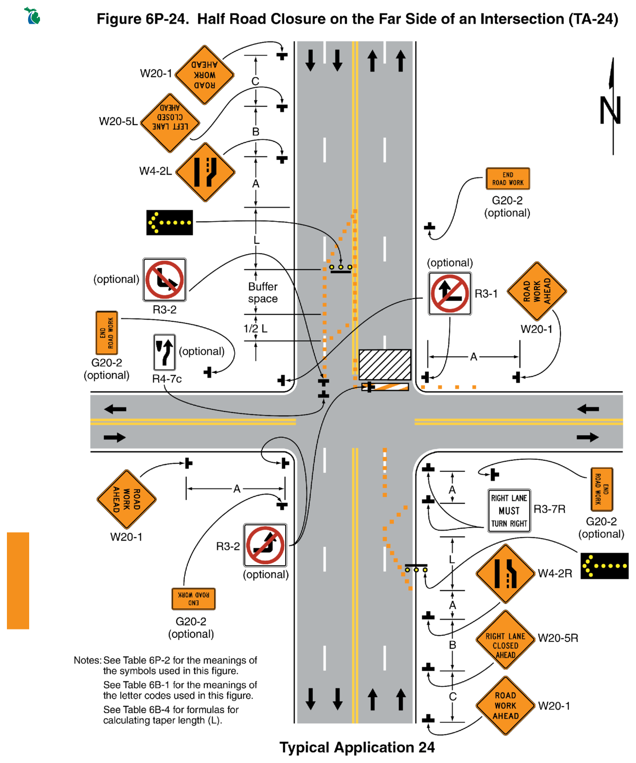 Figure 6P-24. Half Road Closure on the Far Side of an Intersection (TA-24)