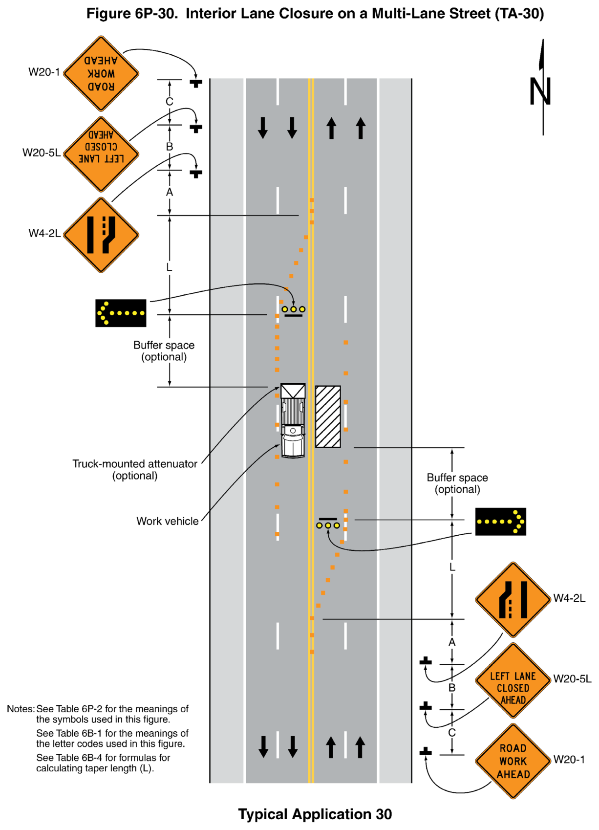 Figure 6P-30. Interior Lane Closure on a Multi-Lane Street (TA-30)
