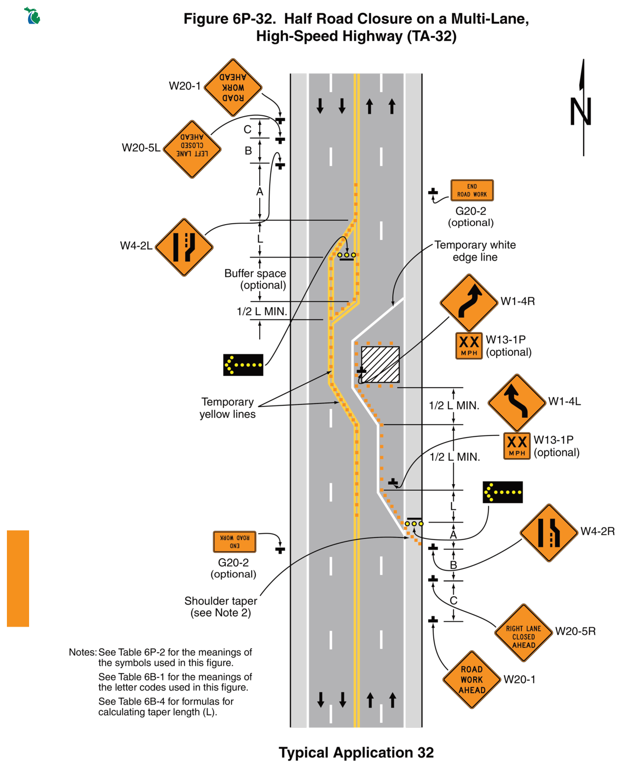 Figure 6P-32. Half Road Closure on a Multi-Lane, High-Speed Highway (TA-32)