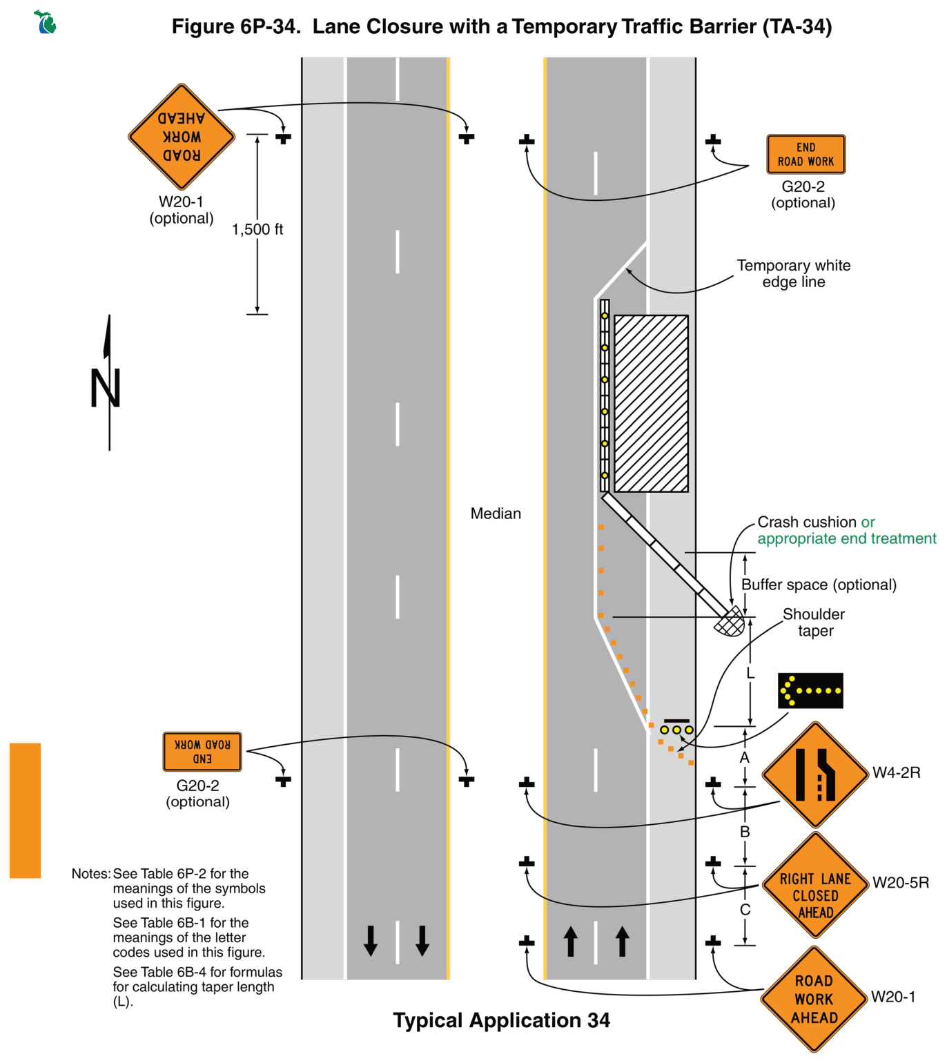 Figure 6P-34. Lane Closure with a Temporary Traffic Barrier (TA-34)
