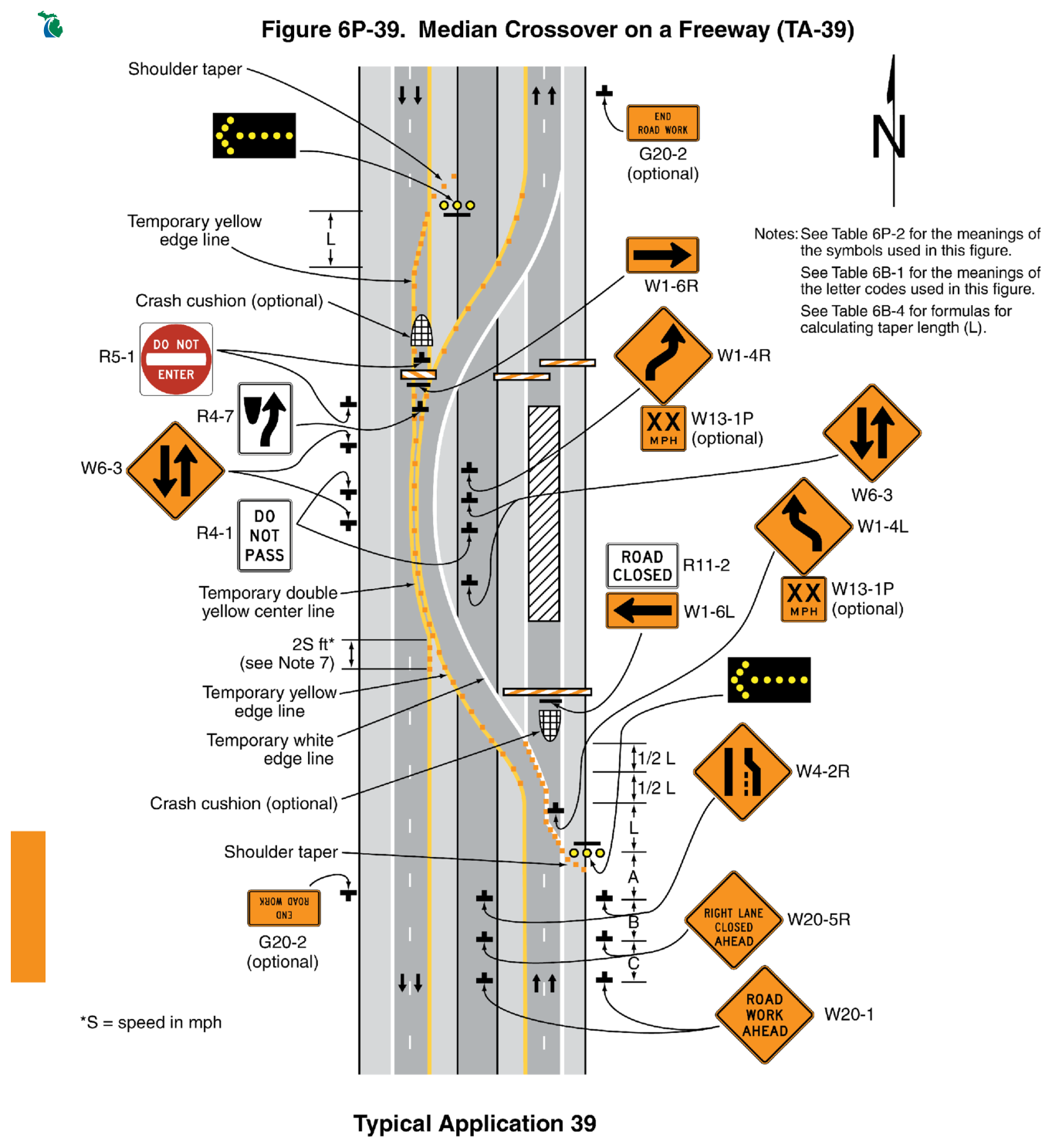 Figure 6P-39. Median Crossover on a Freeway (TA-39)