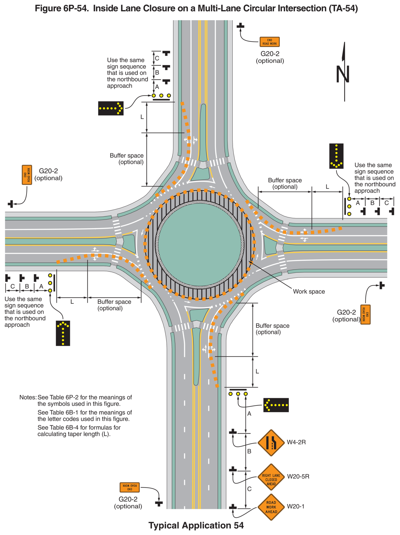 Figure 6P-54. Inside Lane Closure on a Multi-Lane Circular Intersection (TA-54)