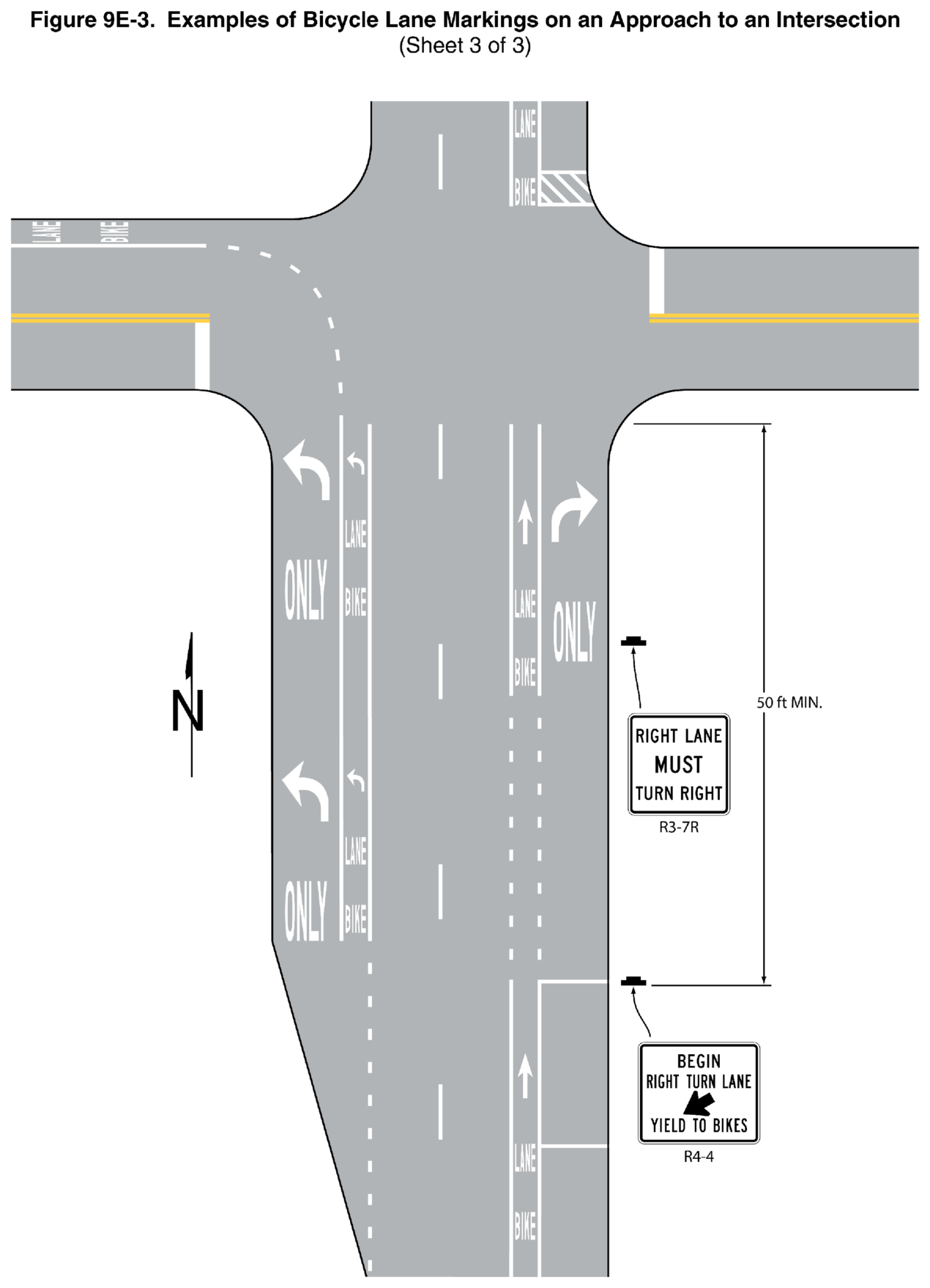 Figure 9E-3. Examples of Bicycle Lane Markings on an Approach to an Intersection (Sheet 3 of 3)