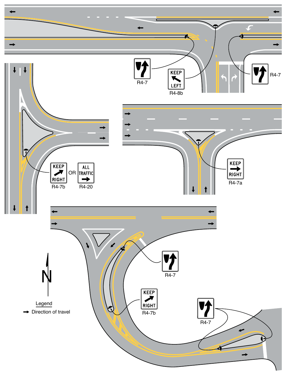 Figure 2B-11. Examples of Keep Right and Keep Left Sign Placement