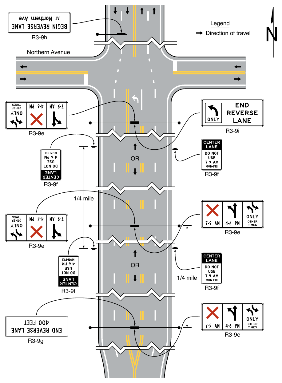 Figure 2B-7. Location of Reversible Two-Way Left-Turn Signs