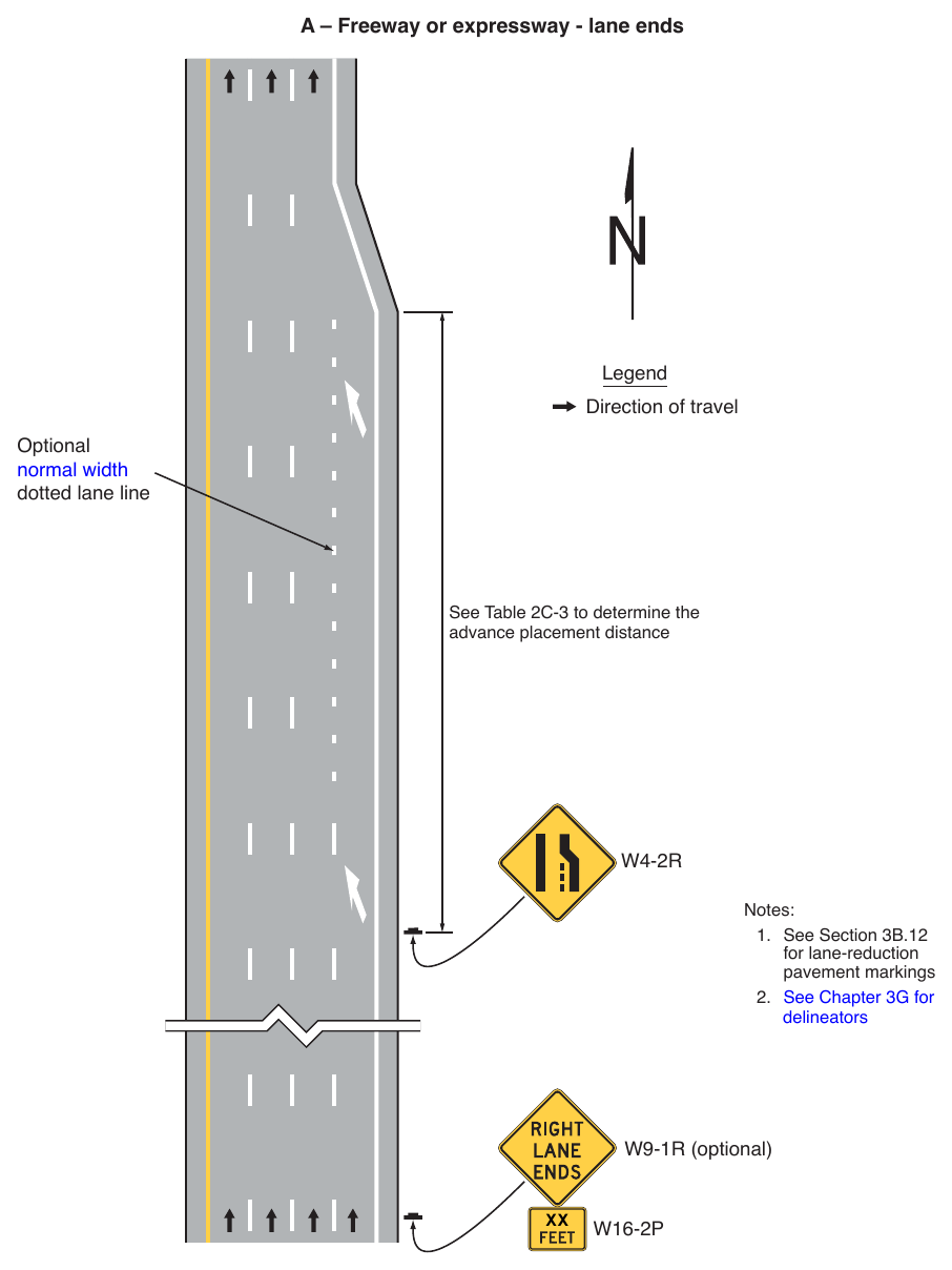 Figure 2C-13. Example Sequences for Lane Ends and Lane Merge Signs (Sheet 1 of 5)