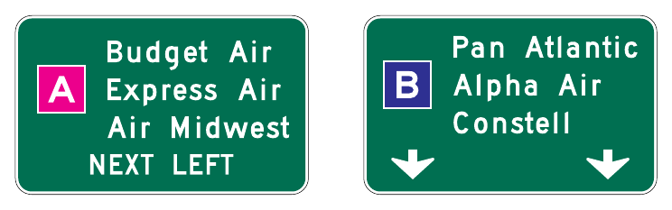 Figure 2D-1. Examples of Color-Coded Destination Guide Signs