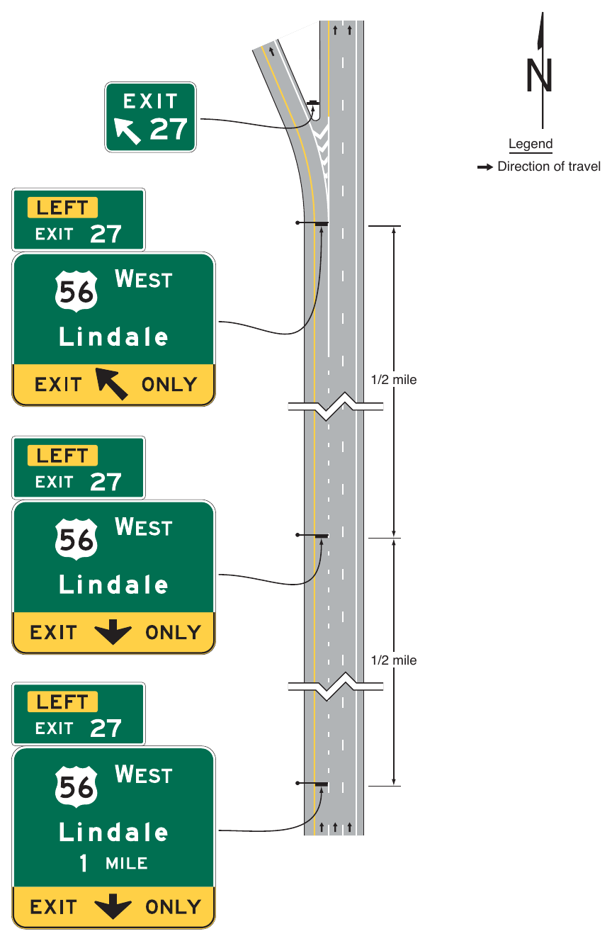 Figure 2E-18. Guide Signs for a Single-Lane Exit to the Left with a Dropped Lane