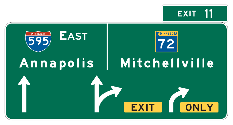 Figure 2E-35. Example of an Overhead Arrow-per-Lane Guide Sign for a Multi-Lane Exit with an Option Lane