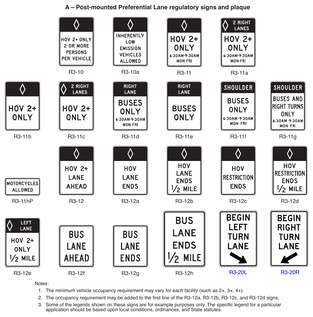 Figure 2G-1. Preferential Lane Regulatory Signs and Plaque (Sheet 1 of 2)