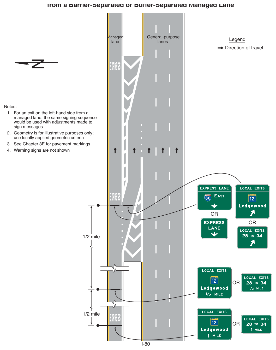 Figure 2G-27. Examples of Guide Signs for an Intermediate Egress from a Barrier-Separated or Buffer-Separated Managed Lane