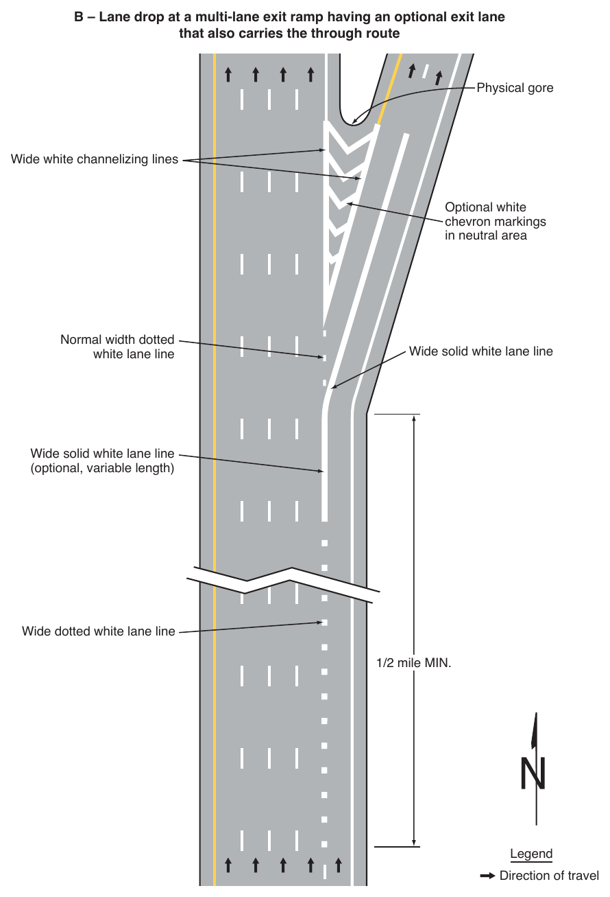 Figure 3B-11. Examples of Applications of Freeway and Expressway Lane-Drop Markings (Sheet 2 of 6)