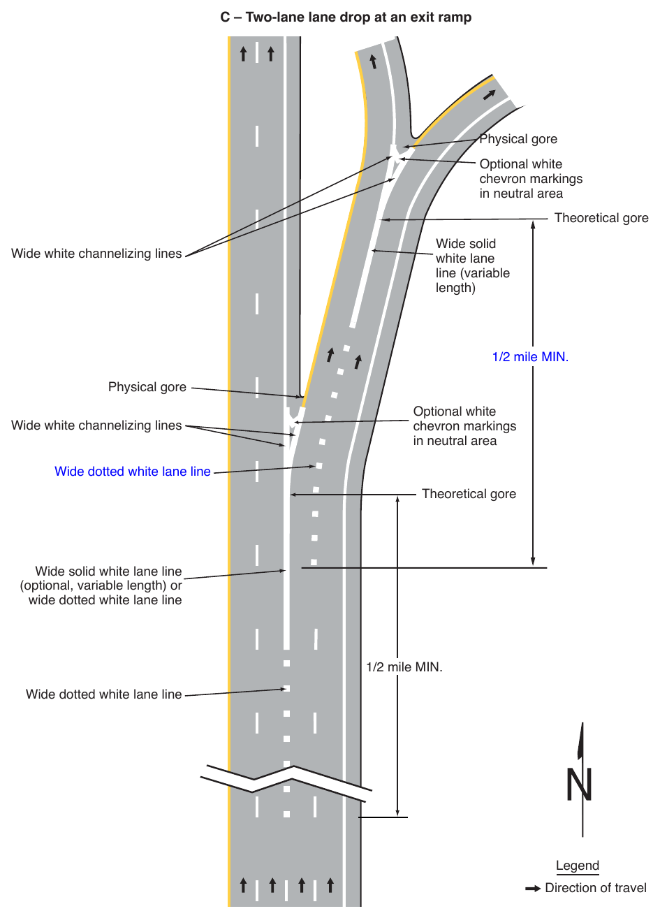 Figure 3B-11. Examples of Applications of Freeway and Expressway Lane-Drop Markings (Sheet 3 of 6)