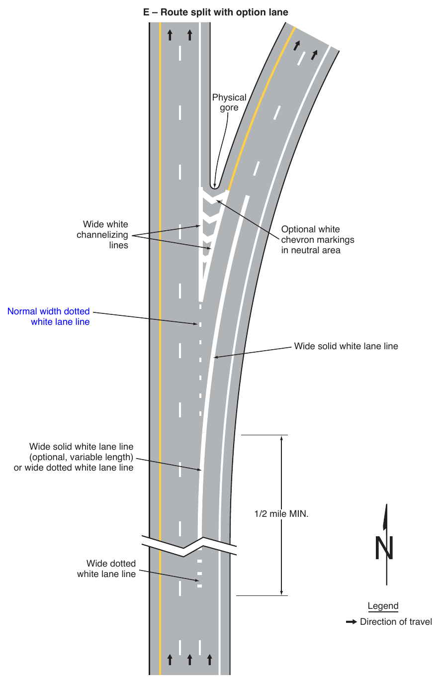 Figure 3B-11. Examples of Applications of Freeway and Expressway Lane-Drop Markings (Sheet 5 of 6)