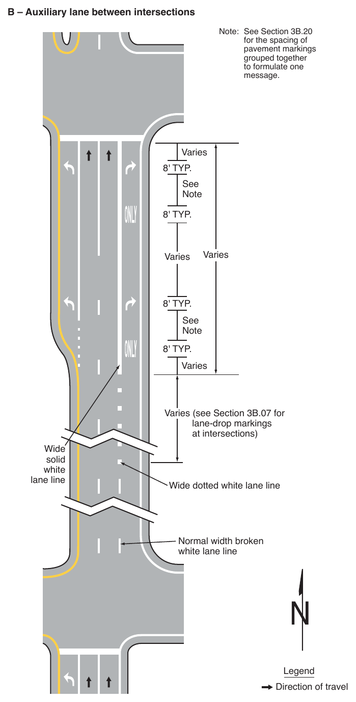Figure 3B-12. Examples of Applications of Conventional Road Lane-Drop Markings (Sheet 2 of 2)