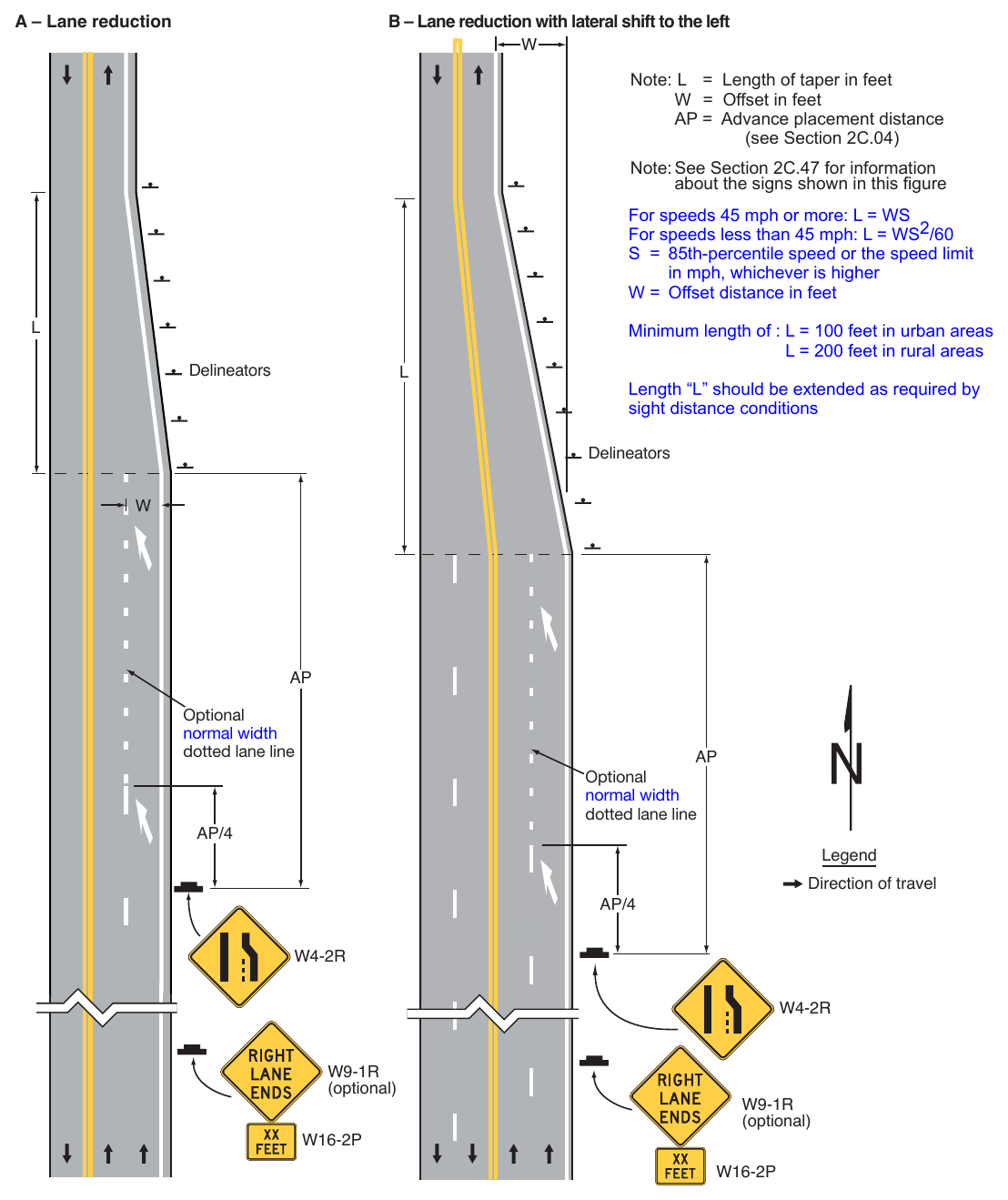 Figure 3B-14. Examples of Applications of Lane-Reduction Transition Markings