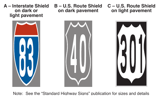Figure 3B-18. Examples of Elongated Route Shields and Markers Applied as Pavement Markings