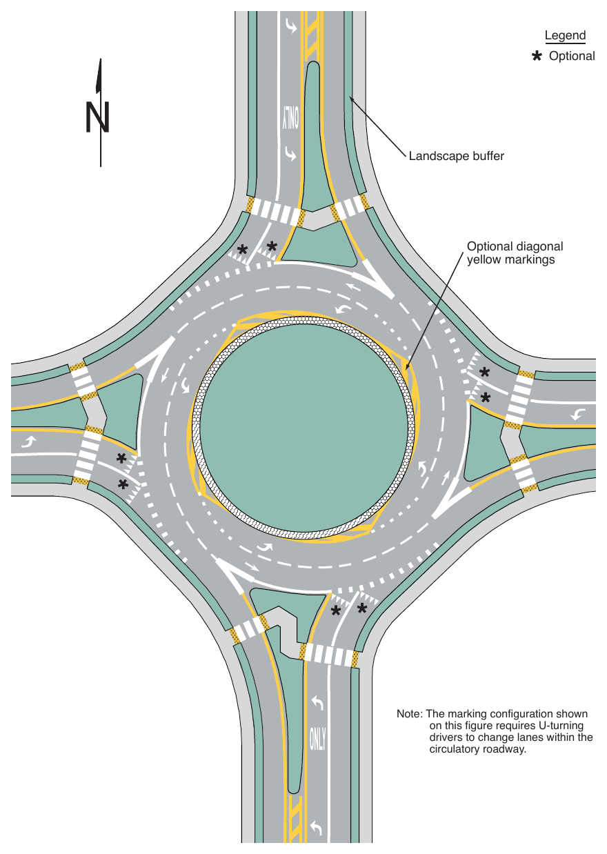 Figure 3D-4. Example of Markings for a Two-Lane Roundabout with One-Lane Exits