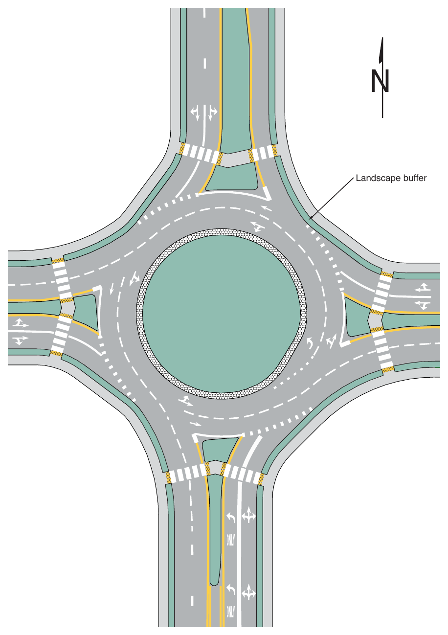 Figure 3D-6. Example of Markings for a Two-Lane Roundabout with a Double Left Turn
