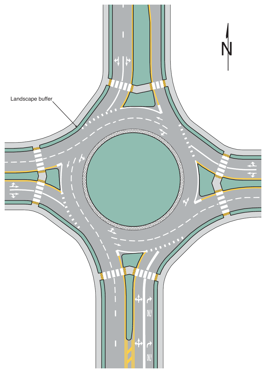 Figure 3D-7. Example of Markings for a Two-Lane Roundabout with a Double Right Turn