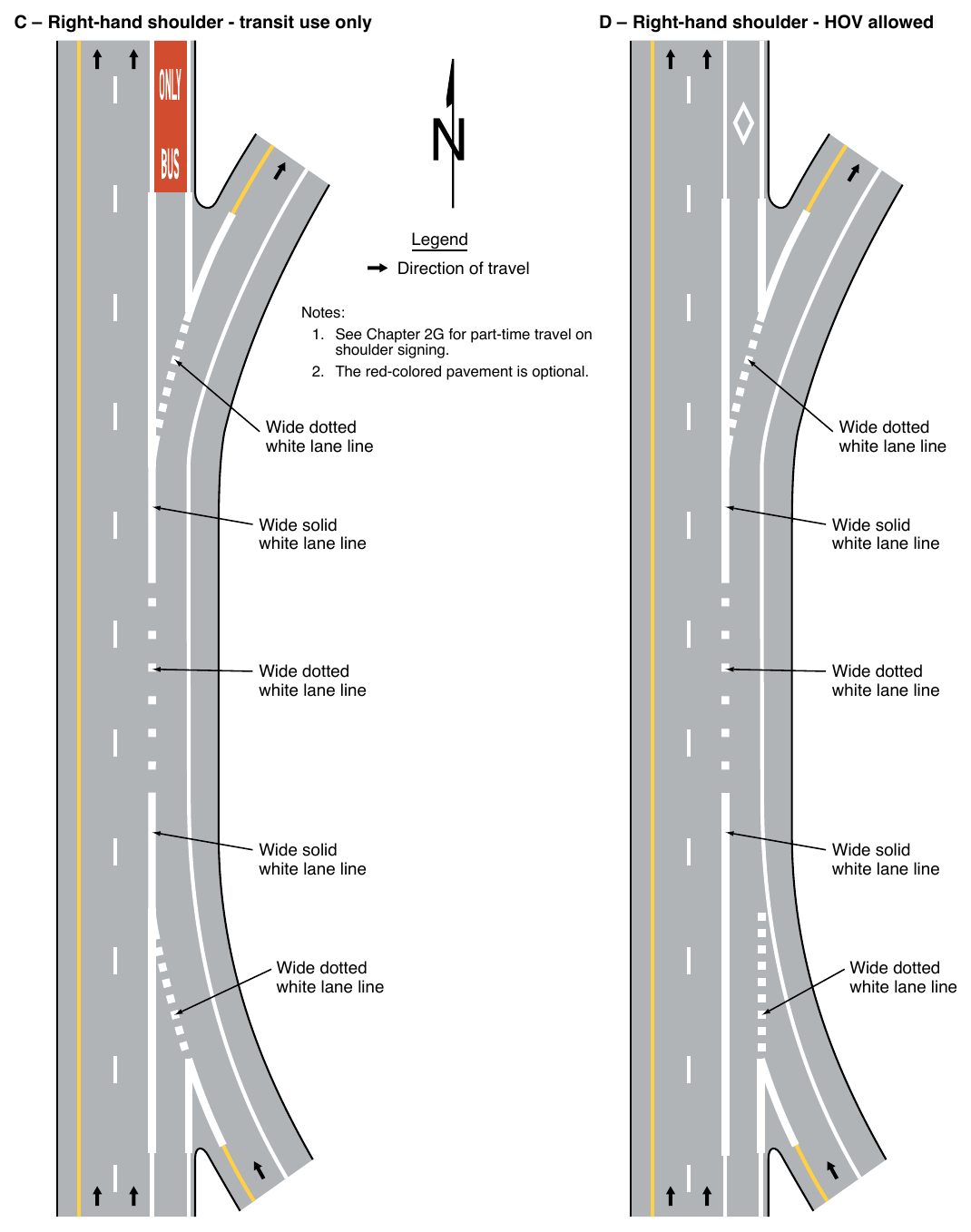 Figure 3E-5. Markings for Part-Time Travel on Shoulder and Application of Pavement Word Markings (Sheet 2 of 3)