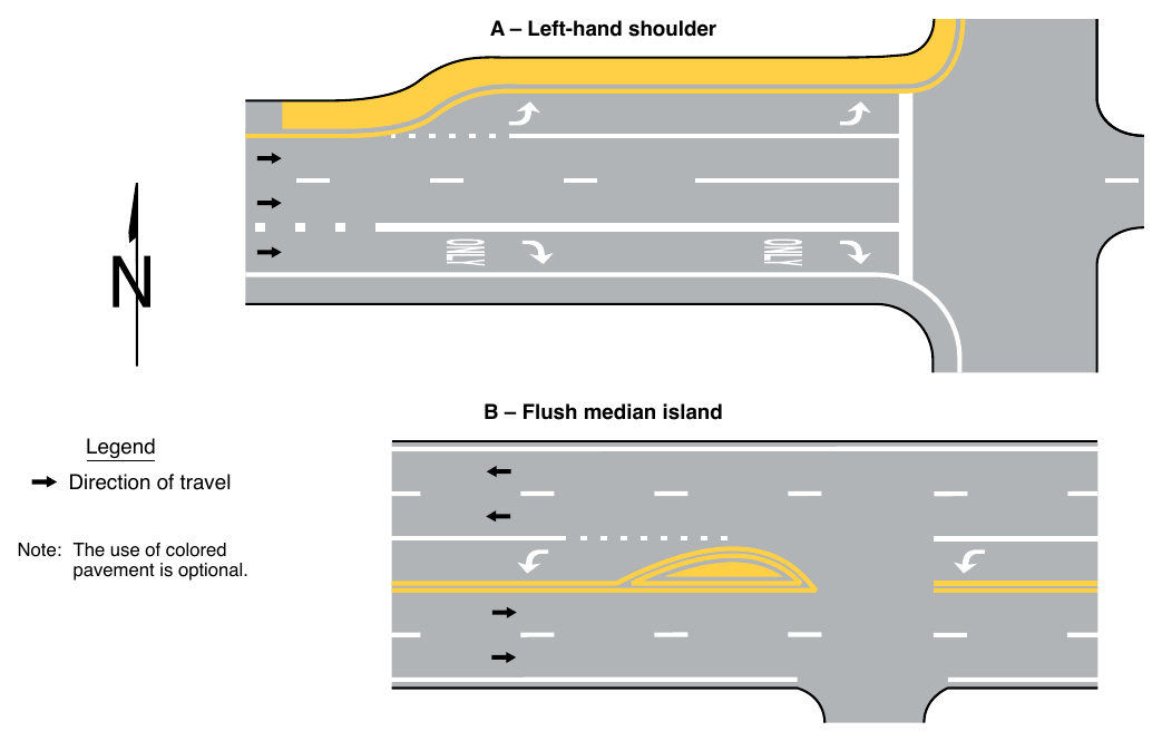 Figure 3H-2. Examples of Yellow-Colored Pavement Applications
