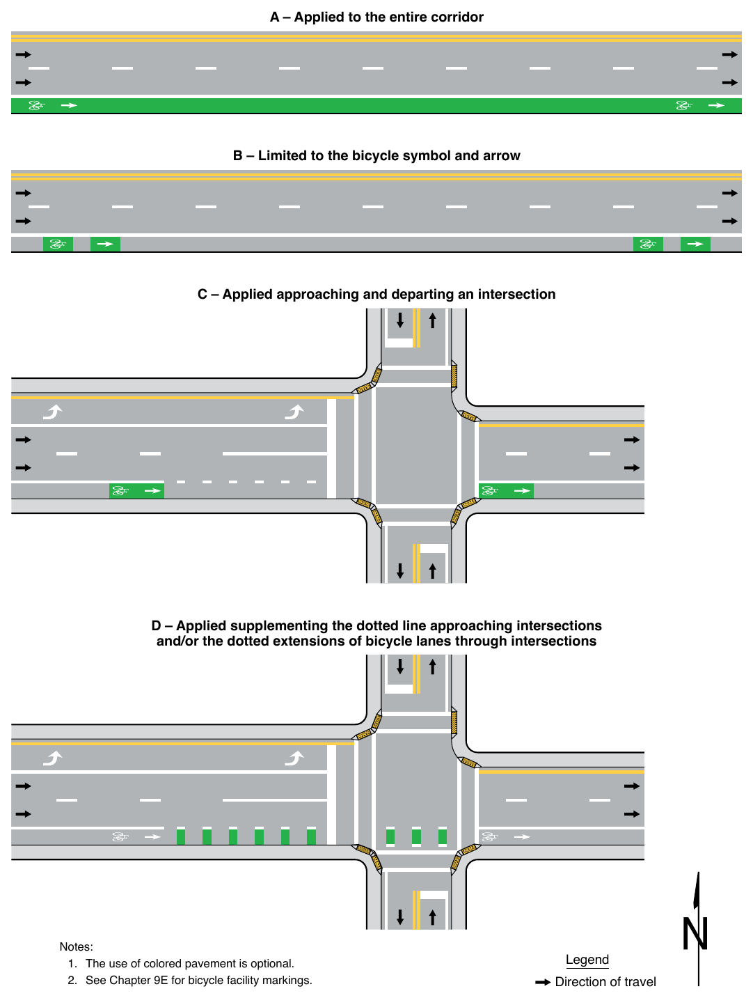 Figure 3H-4. Examples of Green-Colored Pavement Applications