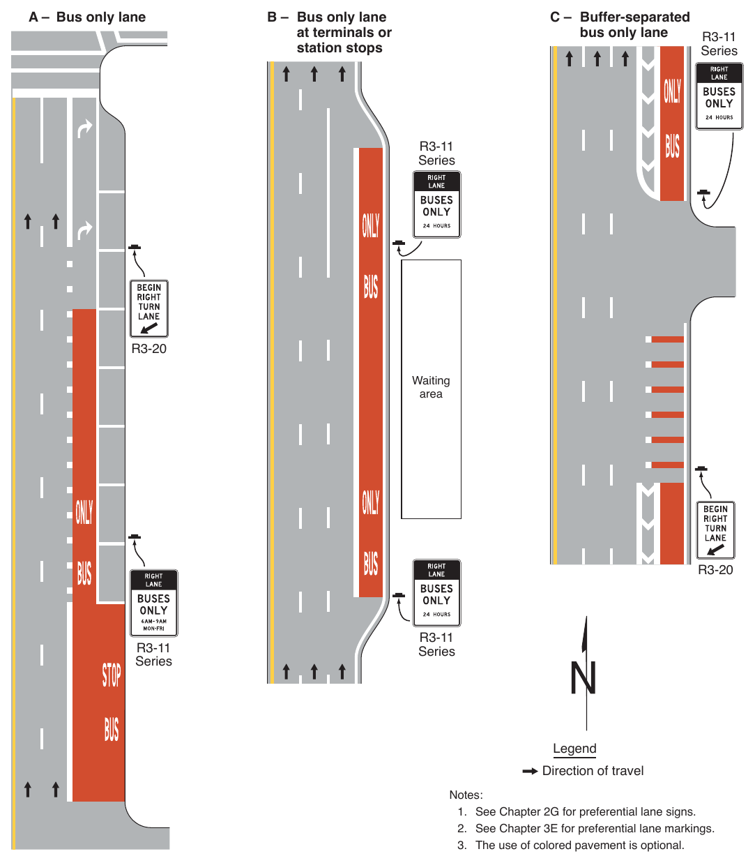 Figure 3H-5. Examples of Red-Colored Pavement Applications