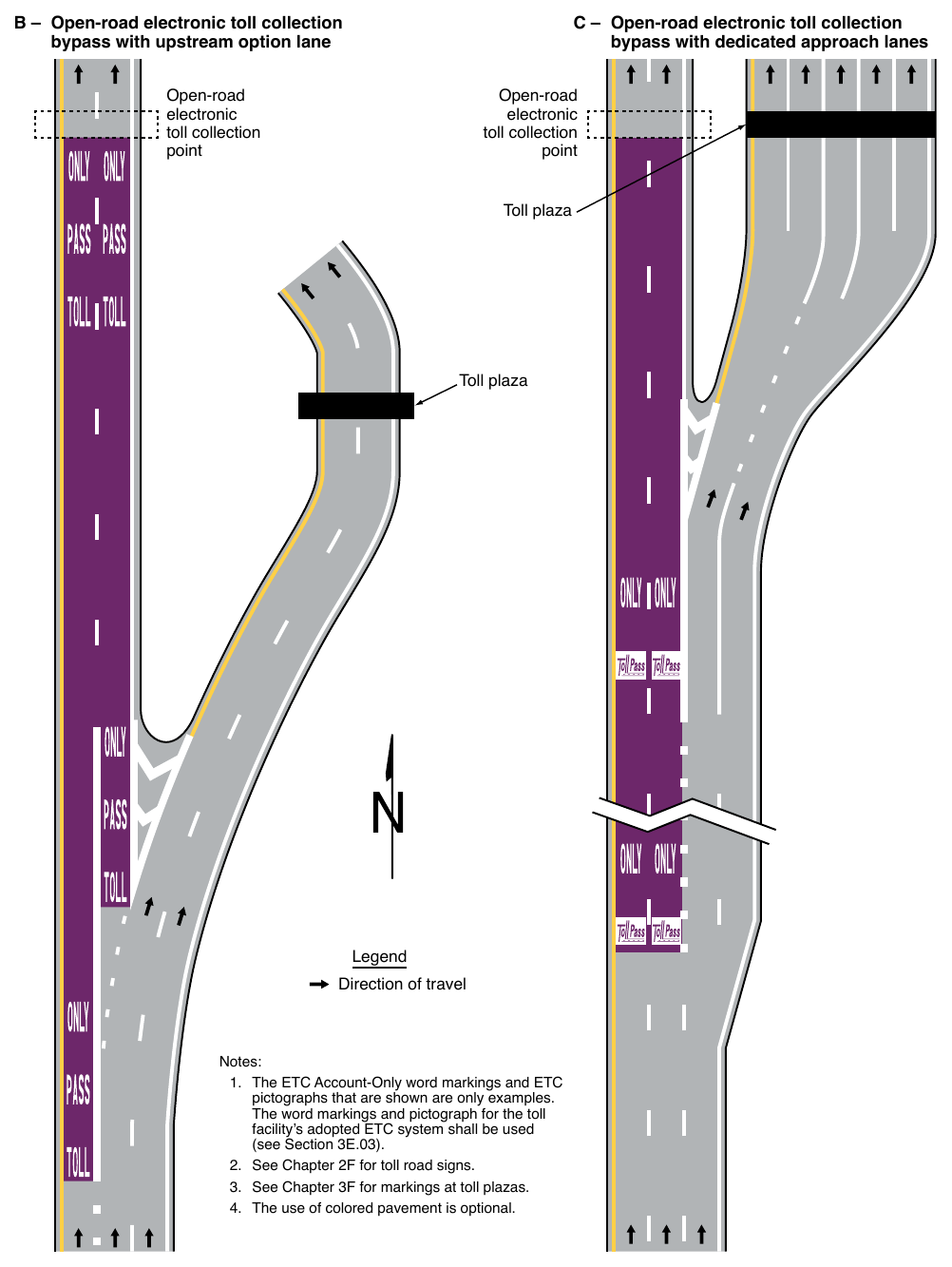 Figure 3H-6. Examples of Purple-Colored Pavement Applications (Sheet 2 of 2)