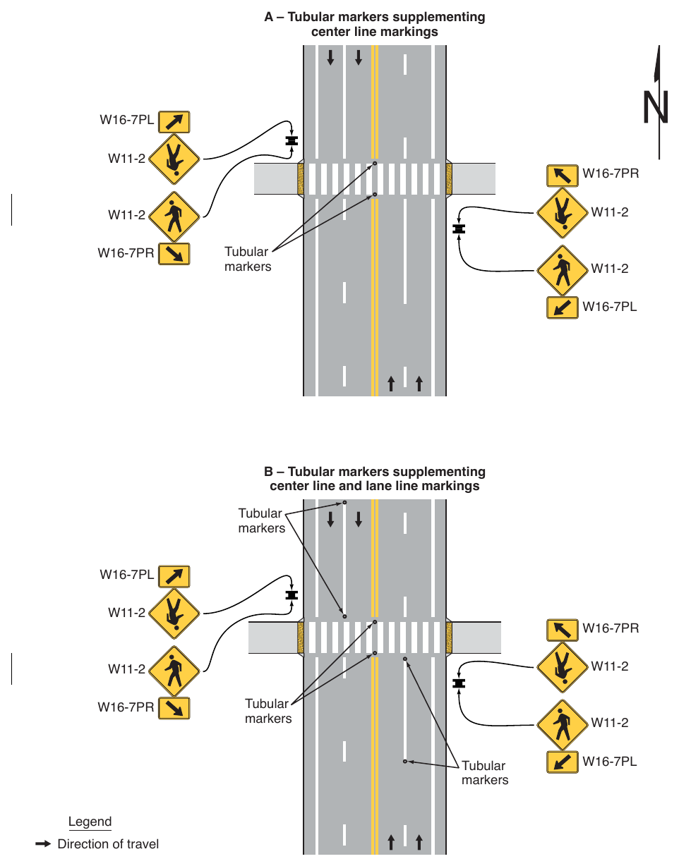 Figure 3I-1. Examples of Tubular Markers Supplementing Pavement Markings in Advance of an Unsignalized Crosswalk (Sheet 1 of 2)