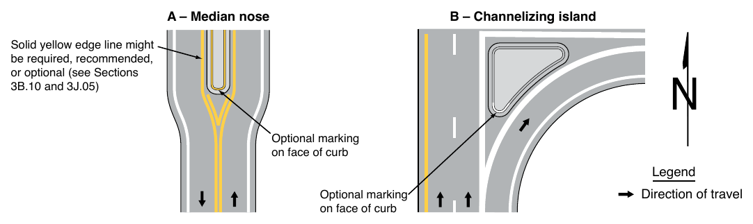 Figure 3J-3. Examples of Curb Markings for Raised Islands