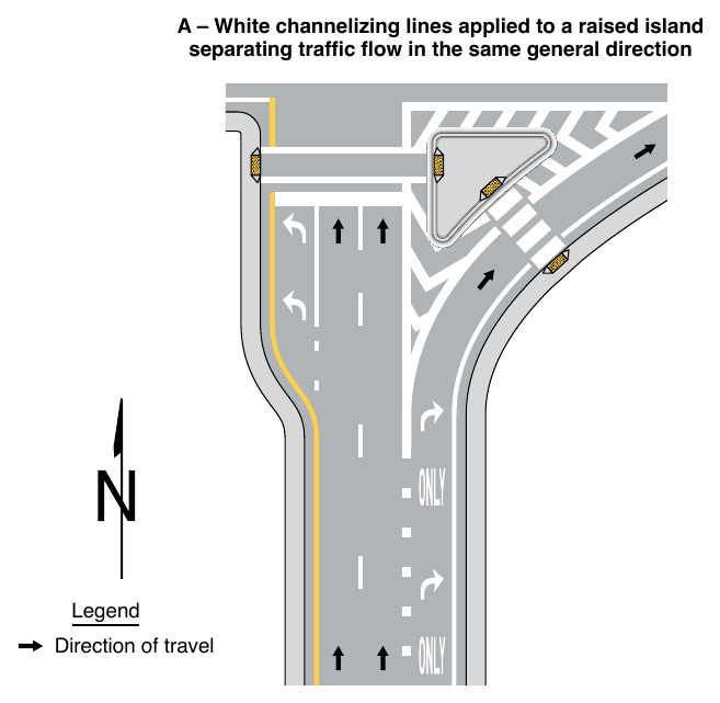 Figure 3J-4. Examples of Pavement Markings for Raised Islands (Sheet 1 of 2)