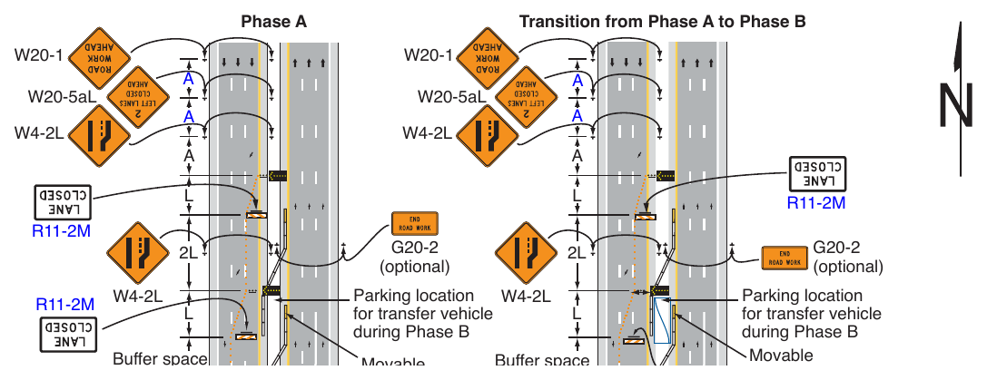 Figure 6P-45. (M) Temporary Reversible Lane Using Movable Barriers (TA-45)