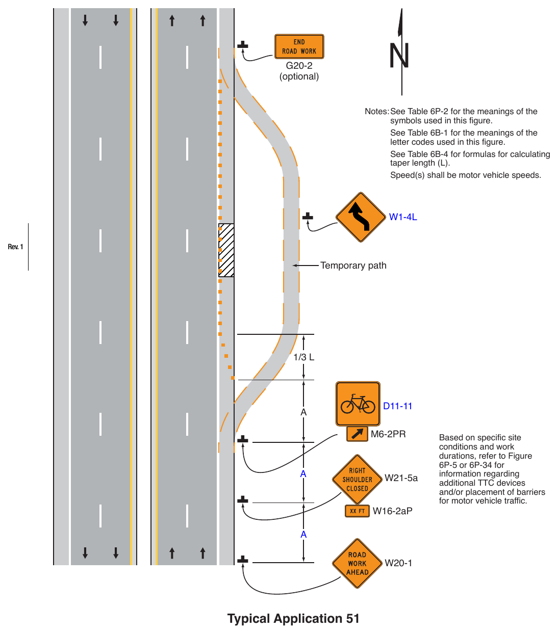 Figure 6P-51. Paved Shoulder Closure with a Bicycle Diversion onto a Temporary Path (TA-51)