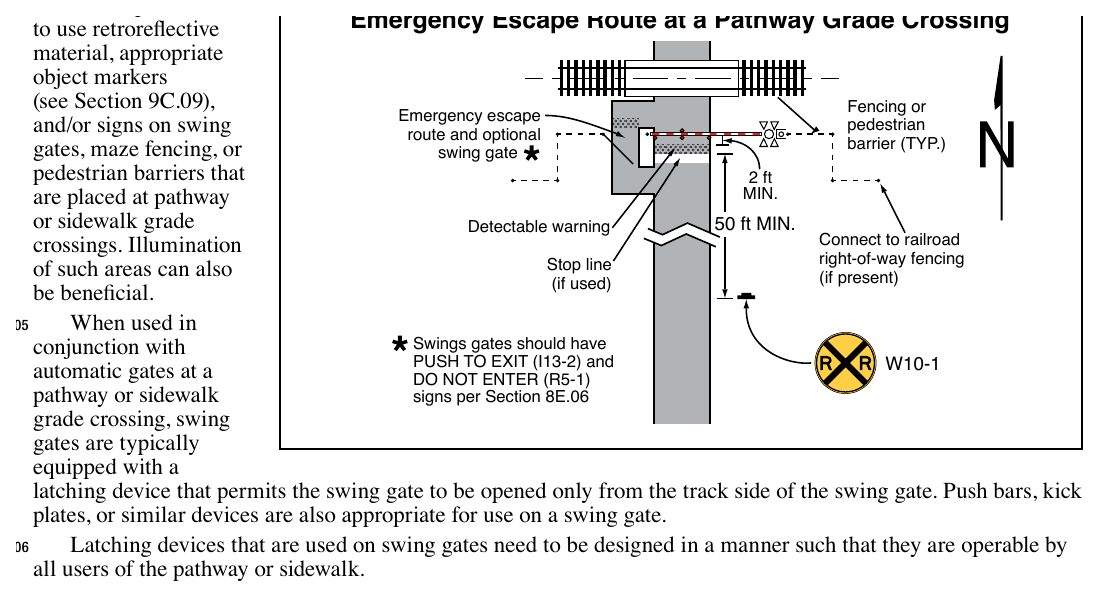 Figure 8E-6. Example of an Automatic Pedestrian Gate and an Emergency Escape Route at a Pathway Grade Crossing