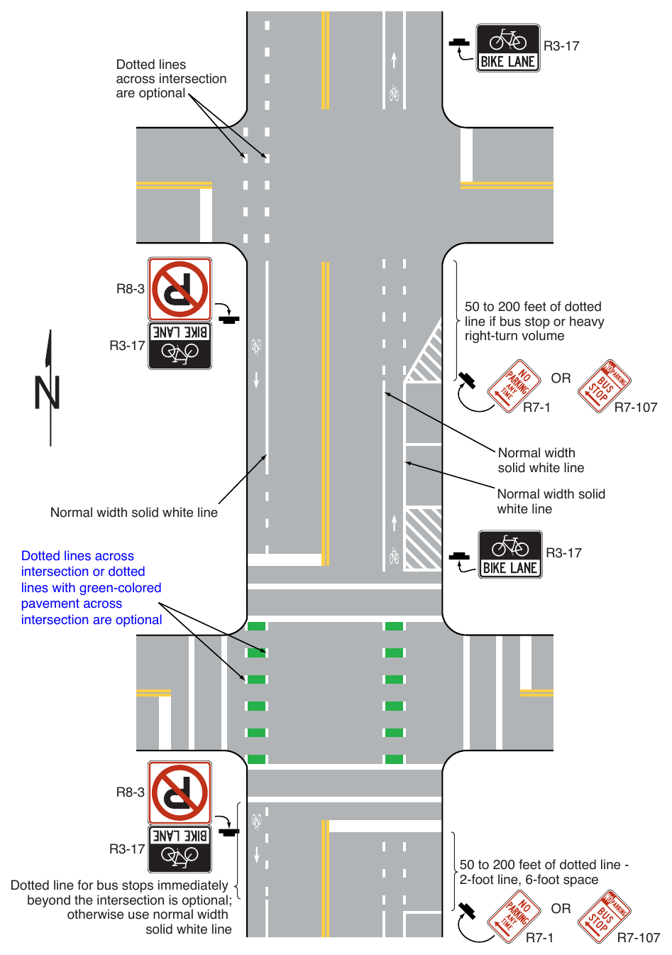 Figure 9E-2. Example of Pavement Markings for Bicycle Lanes on a Two-Way Street