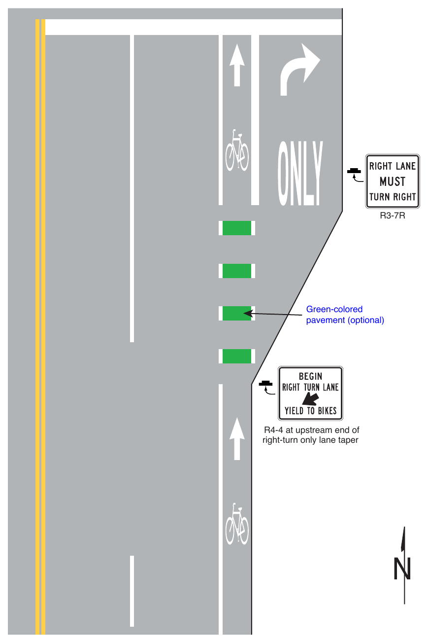 Figure 9E-3. Examples of Bicycle Lane Markings on an Approach to an Intersection (Sheet 1 of 3)