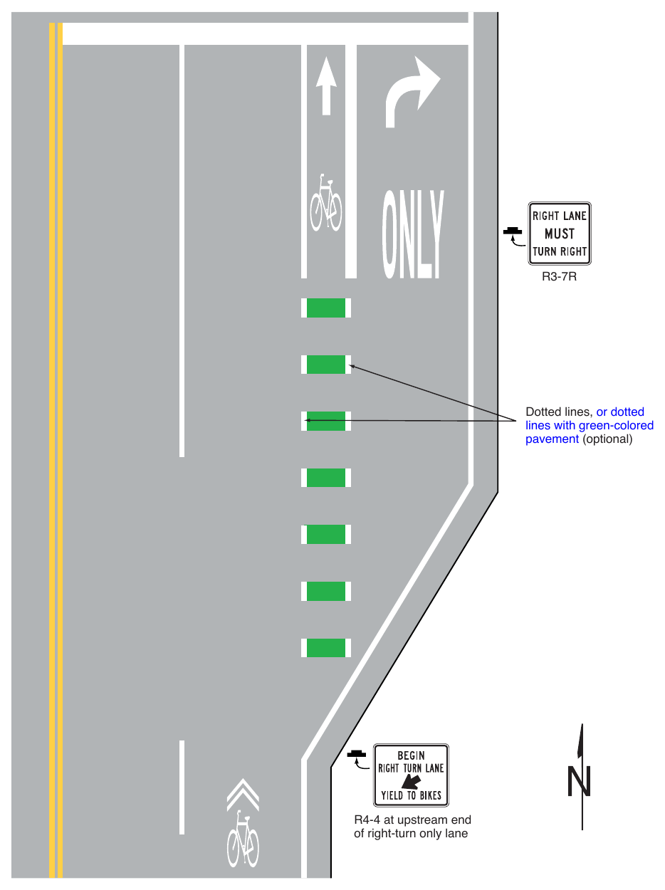 Figure 9E-4. Example of Bicycle Lane Markings on an Approach to an Intersection that Transitions from a Shared Lane