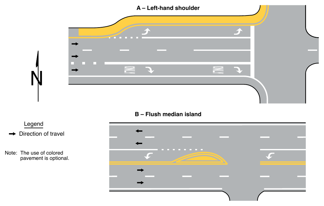 Figure 3H-2. Examples of Yellow-Colored Pavement Applications