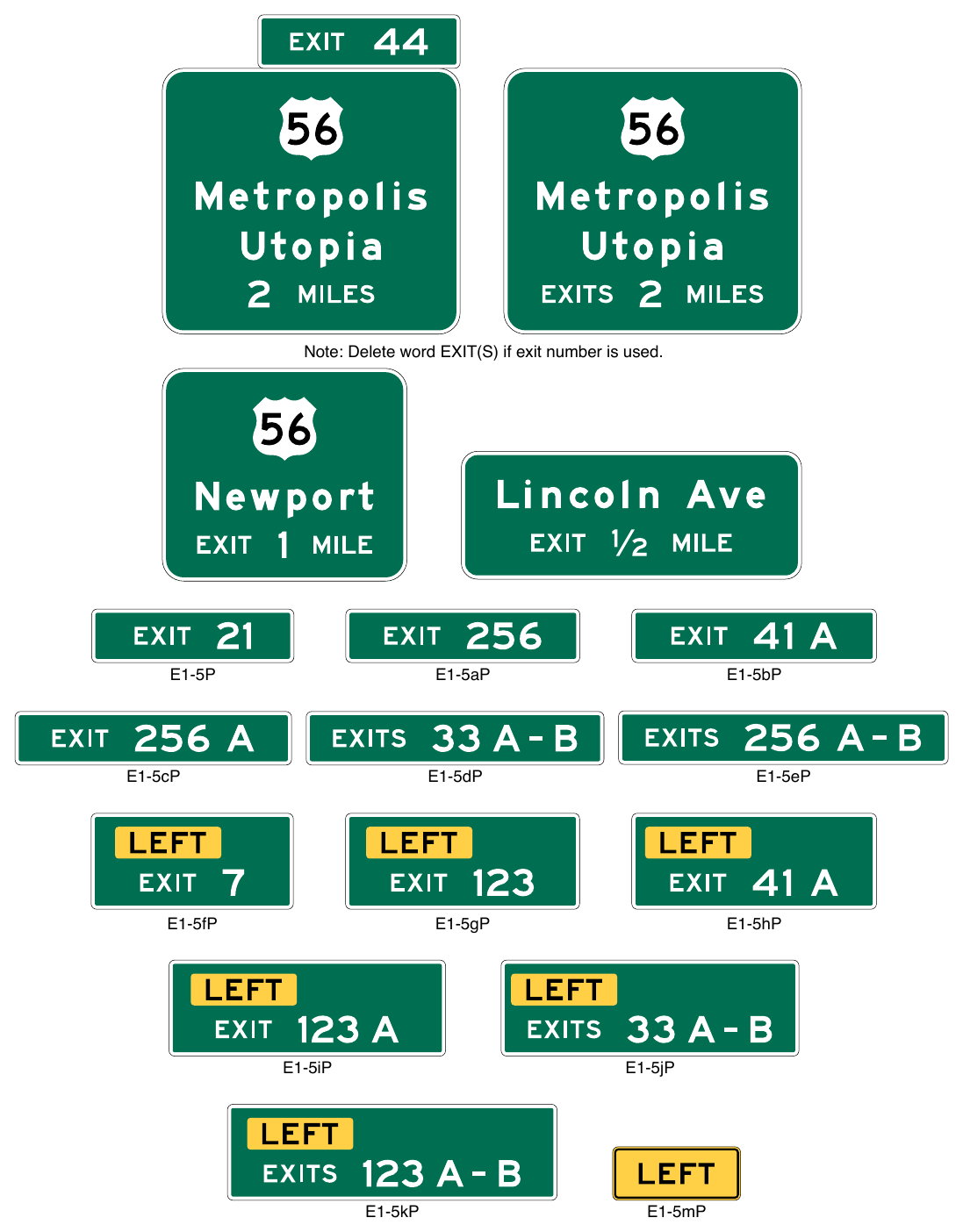 Figure 2E-9. Examples of Interchange Advance Guide Signs, Exit Number Plaques, and LEFT Plaque
