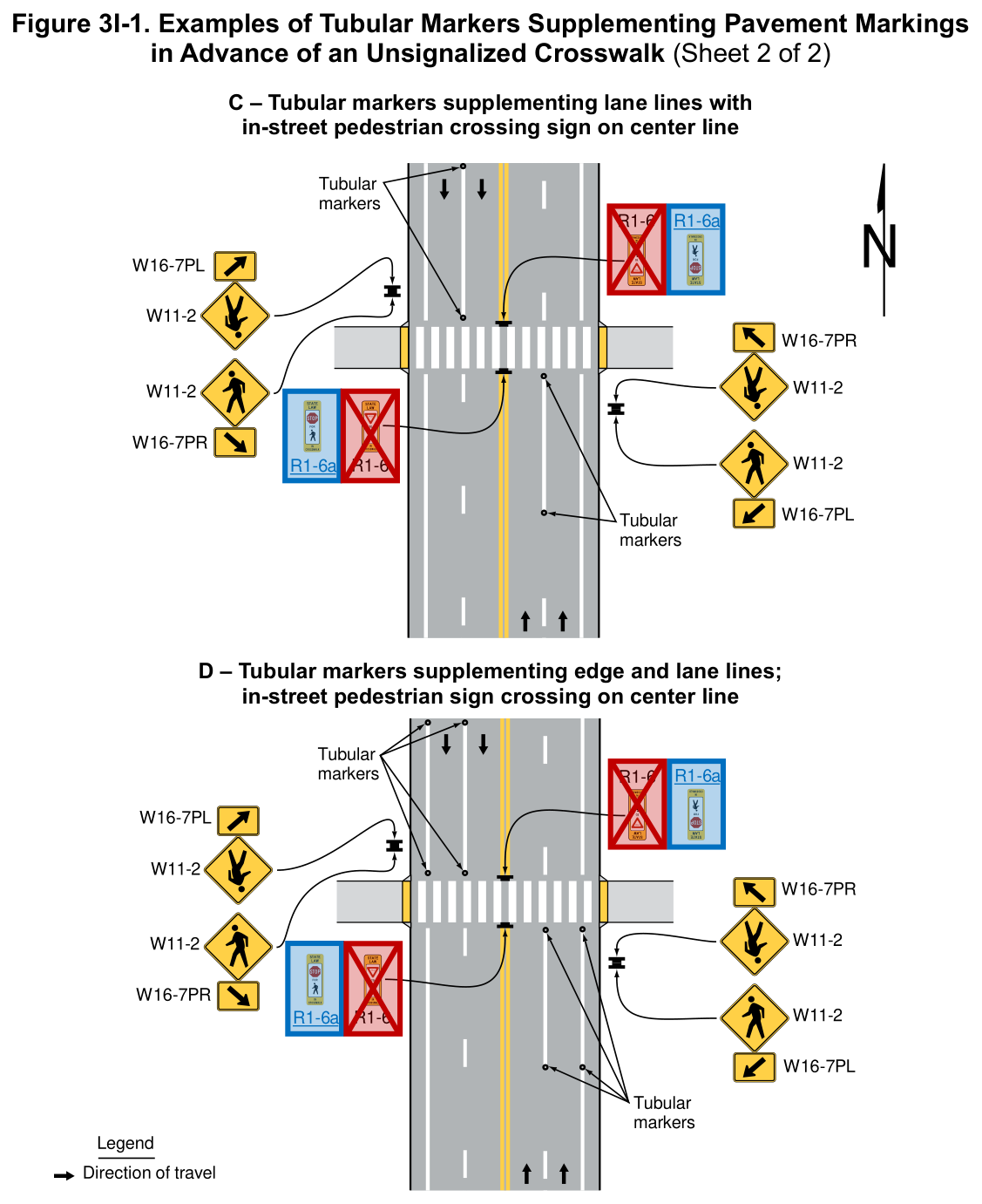 Figure 3I-1. Examples of Tubular Markers Supplementing Pavement Markings in Advance of an Unsignalized Crosswalk (Sheet 2 of 2)