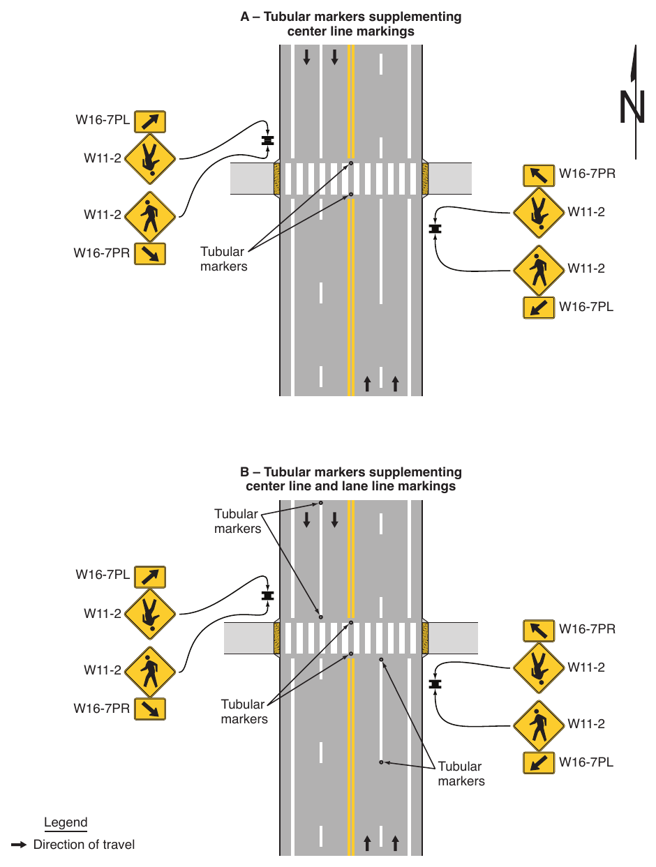 Figure 3I-1. Examples of Tubular Markers Supplementing Pavement Markings in Advance of an Unsignalized Crosswalk (Sheet 1 of 2)