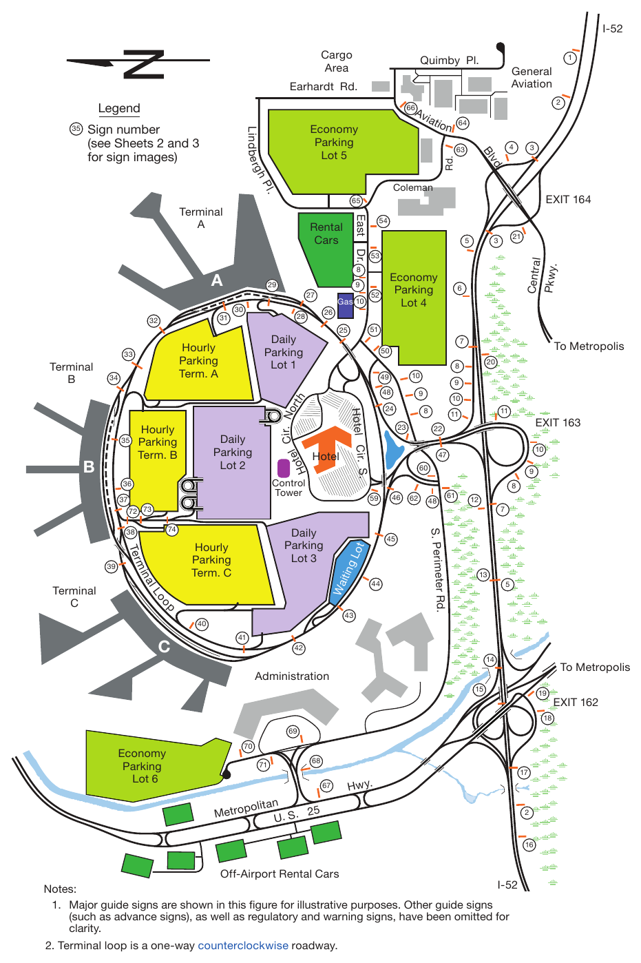 Figure 2D-39. Example of a System of Major Guide Signs for an Airport Roadway Network (Sheet 1 of 3)