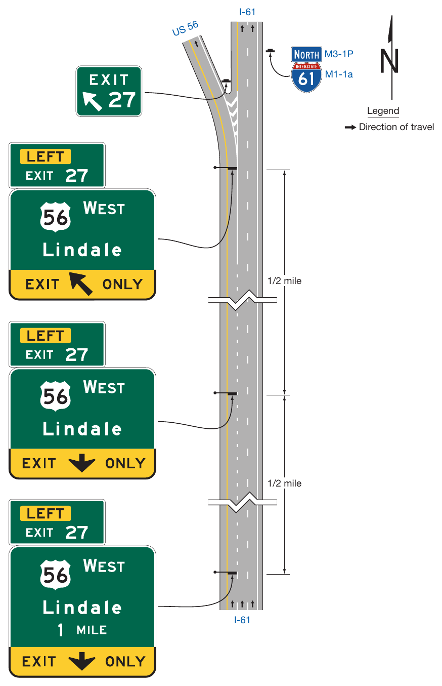 Figure 2E-18. Guide Signs for a Single-Lane Exit to the Left with a Dropped Lane