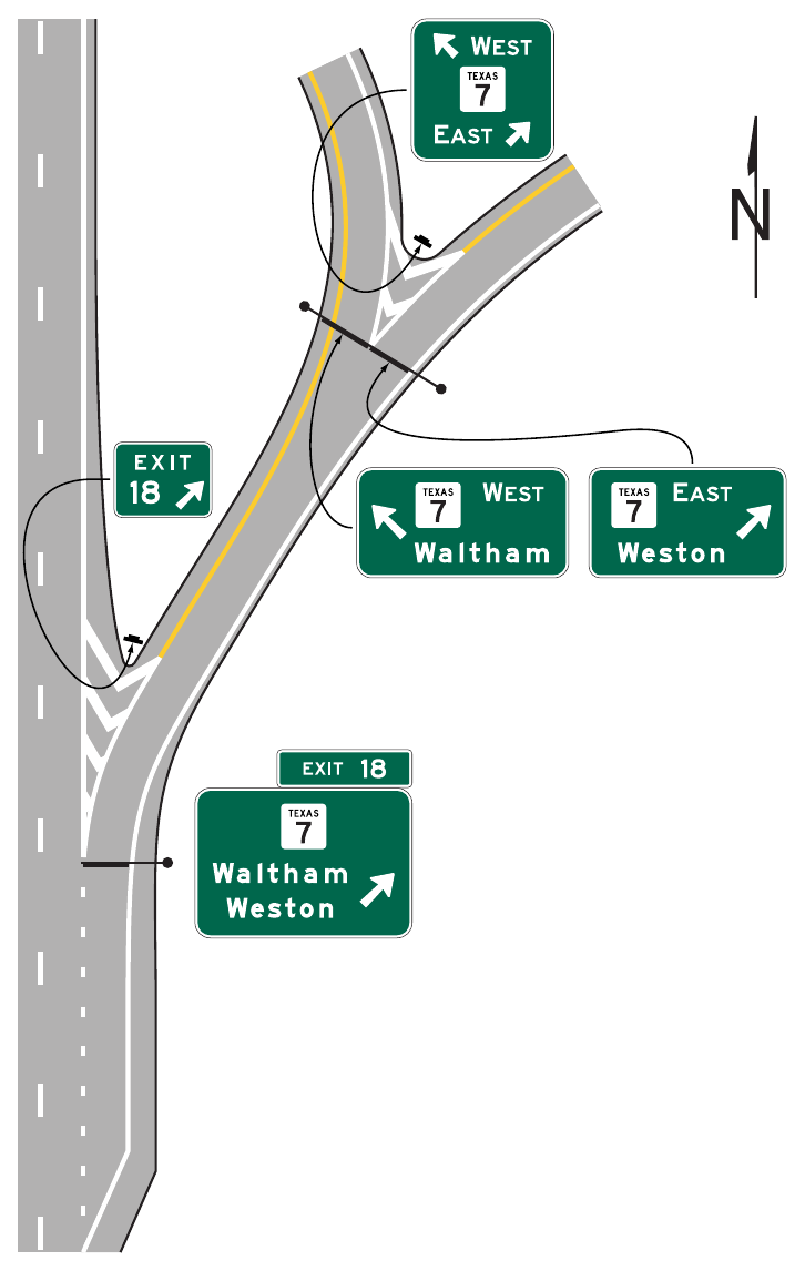 Figure 2E-25. Examples of Signing for an Interchange Exit Ramp with a Downstream Split (Sheet 1 of 2)