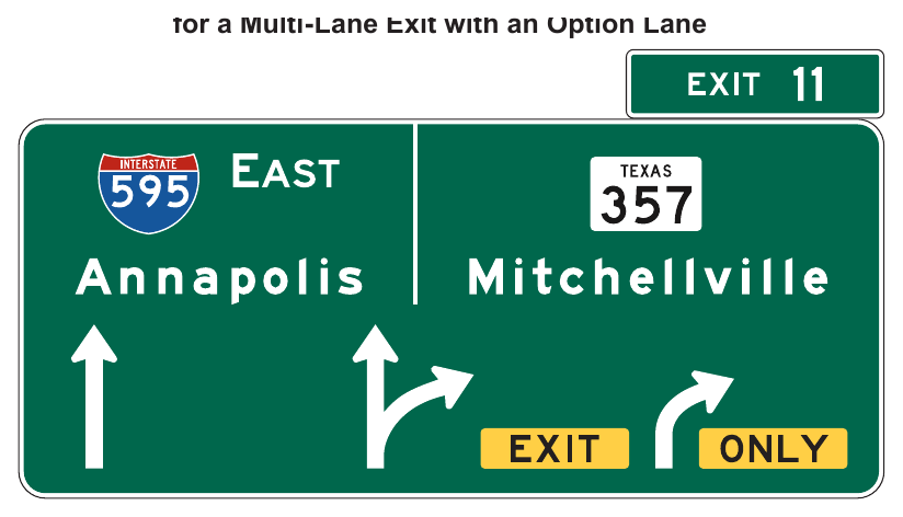Figure 2E-35. Example of an Overhead Arrow-per-Lane Guide Sign for a Multi-Lane Exit with an Option Lane