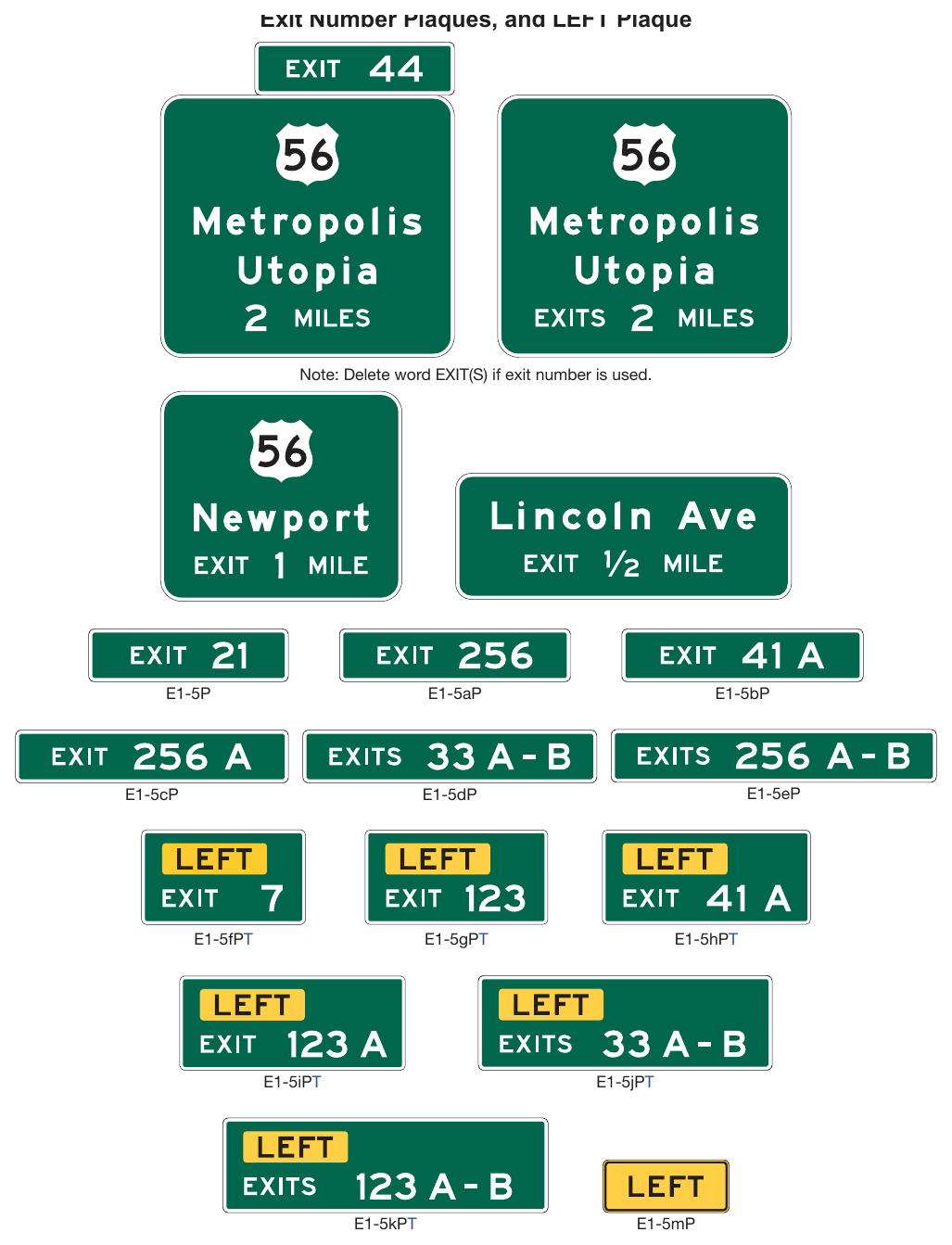 Figure 2E-9. Examples of Interchange Advance Guide Signs, Exit Number Plaques, and LEFT Plaque