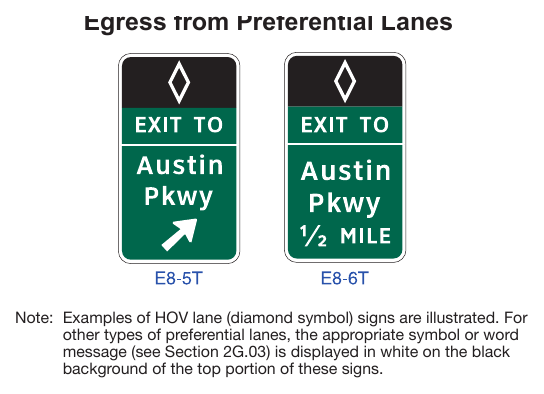 Figure 2G-12. Examples of Barrier-Mounted Guide Signs for an Intermediate Egress from Preferential Lanes