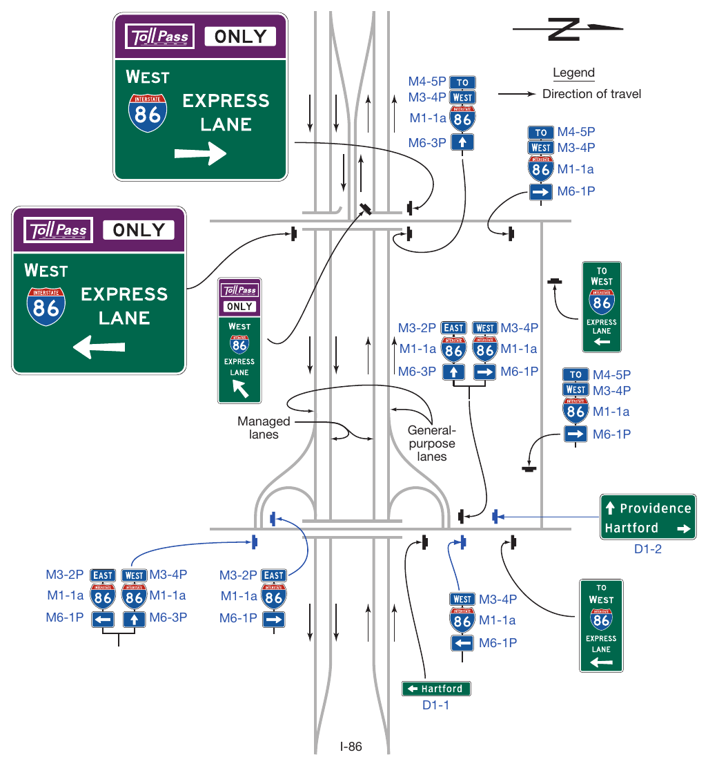 Figure 2G-30. Examples of Guide Signs for a Direct Entrance Ramp to a Priced Managed Lane and Trailblazing to a Nearby Entrance to the General-Purpose Lanes