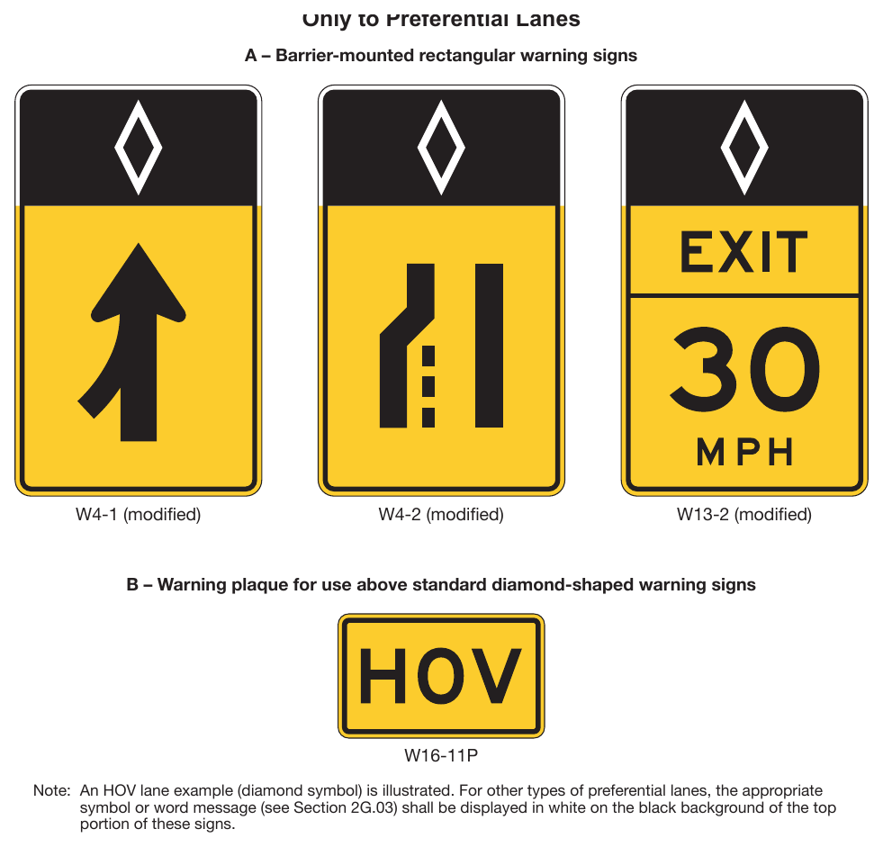 Figure 2G-4. Examples of Warning Signs and Plaques Applicable Only to Preferential Lanes